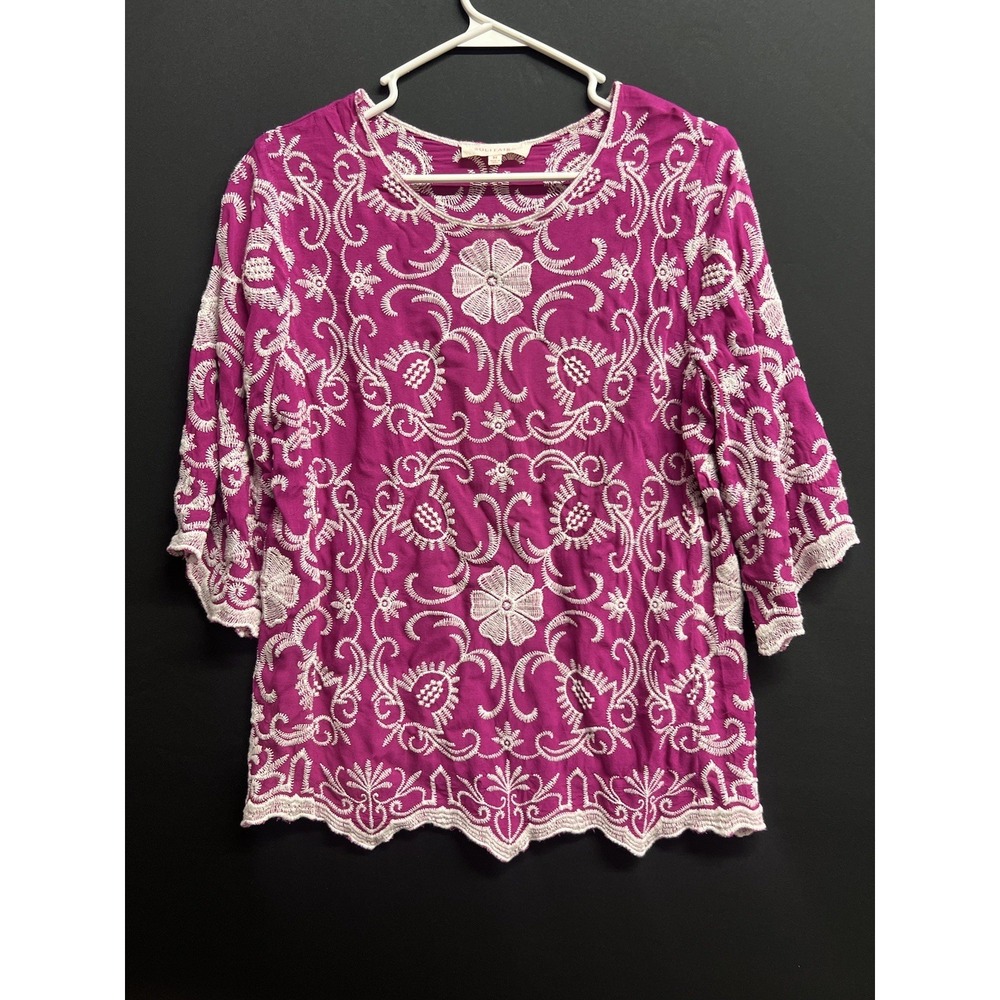 Solitaire Embroidered Top Womens Sz M White Pink Boho Hippie Bell Sleeves